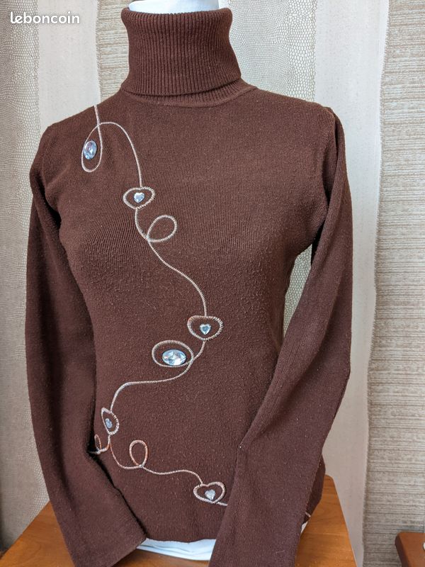 Pull laine marron col roulé fantaisie T : 38 TBE (image 4)
