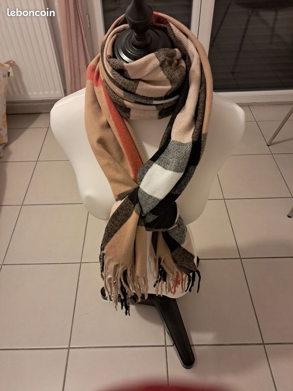 Echarpe large cachemire, plaid beige, noir, blanc (image 3)