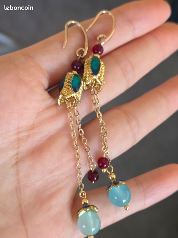 Boucles D'oreilles Vintage Bakélite Rouge Et Vert – Plaqué Or, Style Années 50