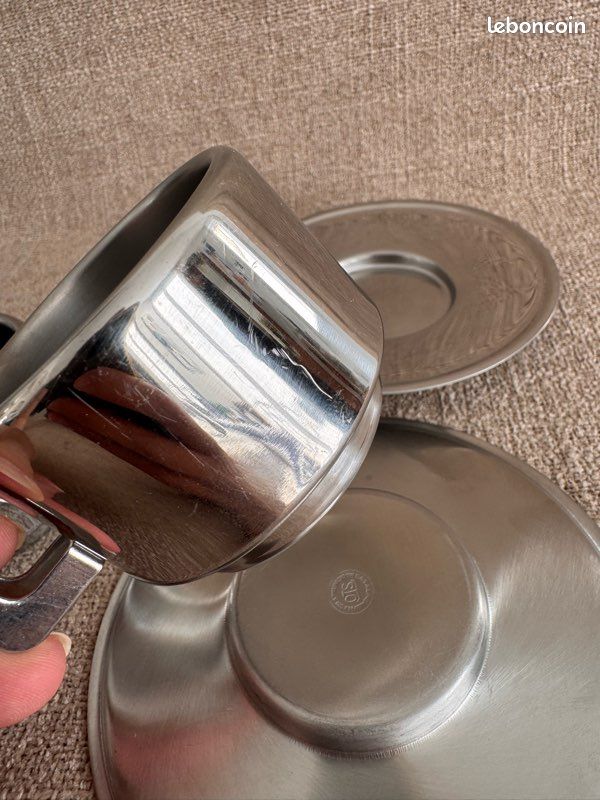Lot de 2 tasses et sous tasses à café STO Casalinghi en inox vintage Space Age années 70 (image 3)