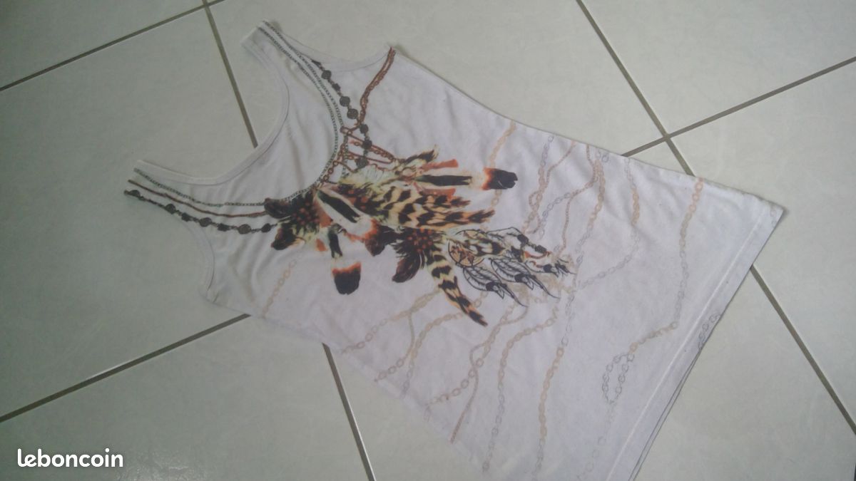 T-shirt femme blanc avec motif "attrape-rêves, plumes...", taille S (image 3)