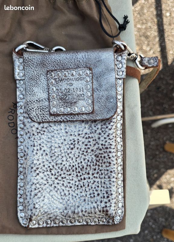 Pochette Téléphone Cuir Vache Argent Avec Franges - Clip Ceinture - Showman - NEUVE
