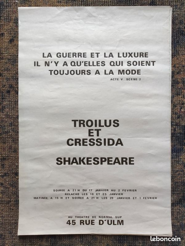 Troïlus et Cressida Shakespeare affiche années 70, théâtre de Normale Sup, 60/40 cm (image 1)