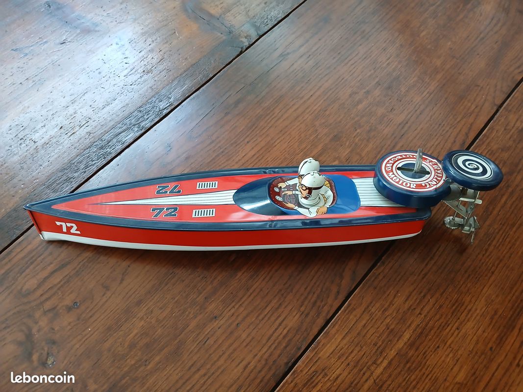 Jouet Ancien Joustra Bateau Pelle Hors-bord - Tôle Mécanique 1934 - 38cm