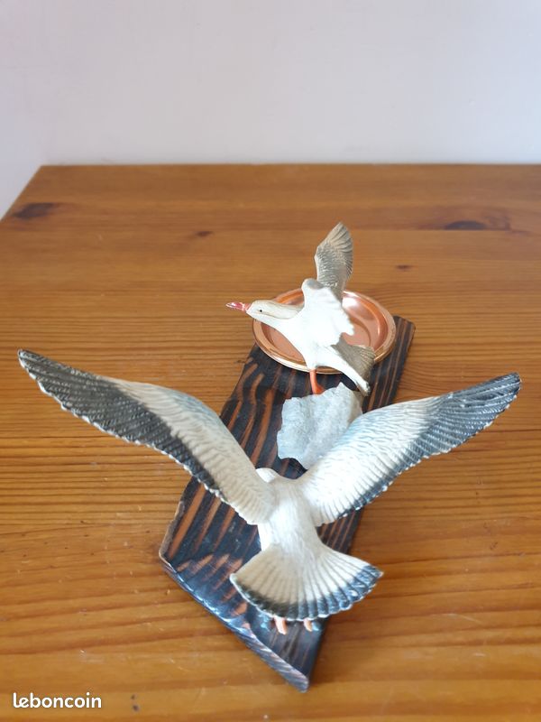 Sculpture décorative figurant deux mouettes en résine sur une base de bois brûlé avec coupelle en laiton 10x20 cm (image 4)