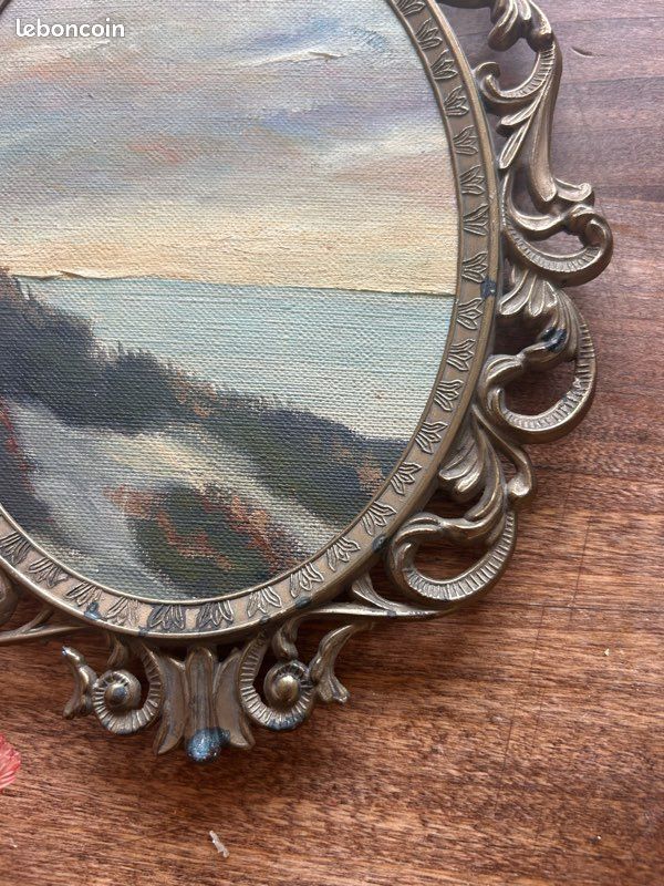 Magnifique cadre ovale ancien et peinture à l’huile – Ambiance bord de mer (image 6)