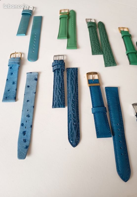 Lot De 2 Bracelets De Montre En Cuir FLEURUS - Largeur 16 Mm - Couleurs Noir Et Bleu - NEUFS