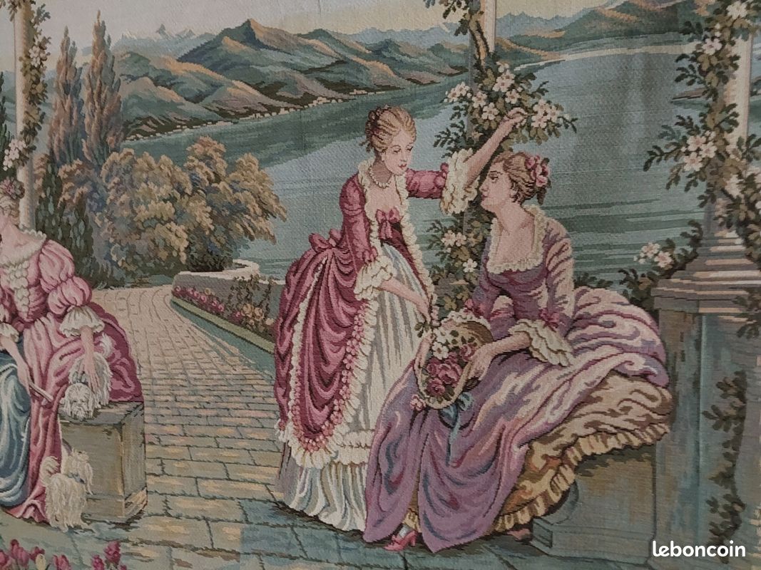 Grande Tapisserie Murale Vintage Française - Scène Décorative - 110x80 Cm - Occasion