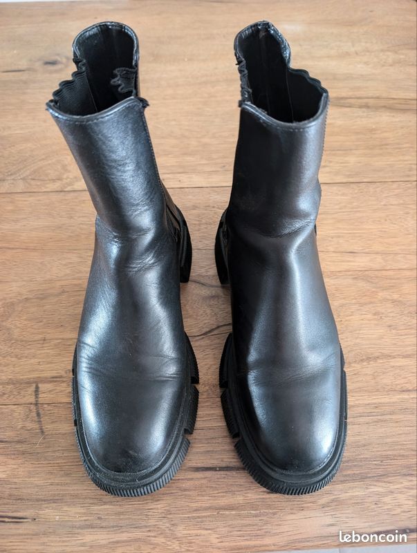 Bottines Zara Cuir Noir - Pointure UK 5 / EU 38.5, Fermeture éclair Et Boucle, Occasion