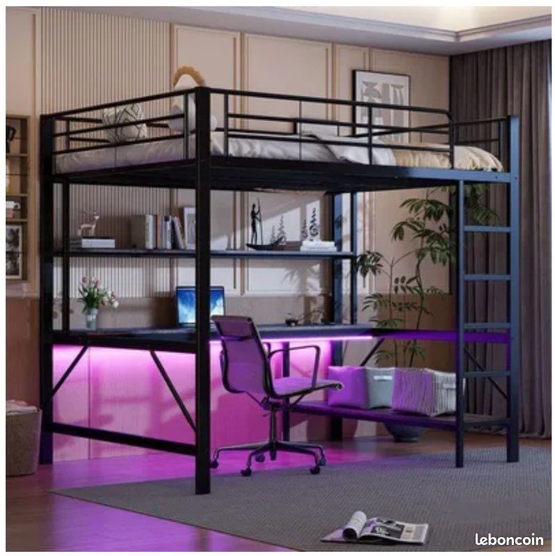 Lit mezzanine avec bureau + led (image 1)