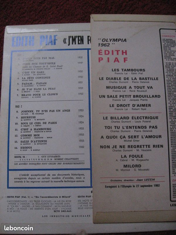 2 disques Vinyle 33 tours d'Edith PIAF (image 3)