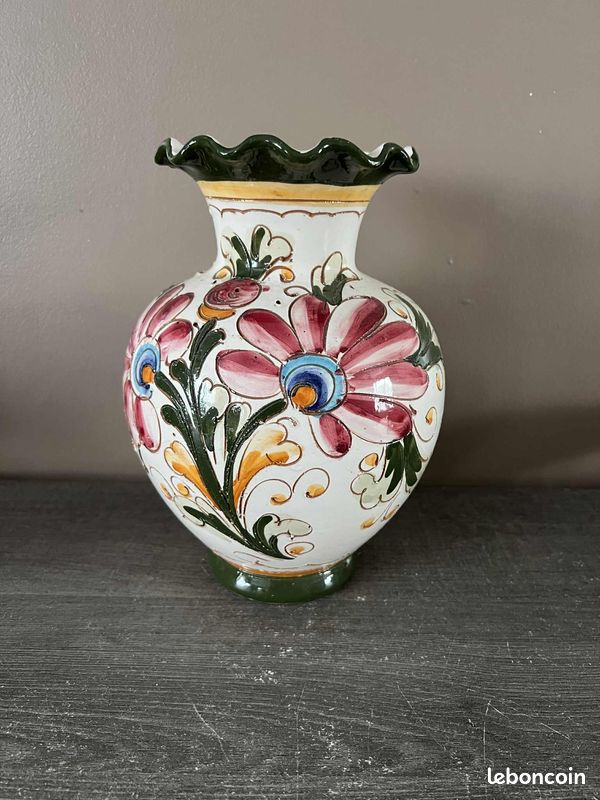 VASE CERAMIQUE VALLAURIS Vintage Decor Floral Avec Dorure Anses Cygnes