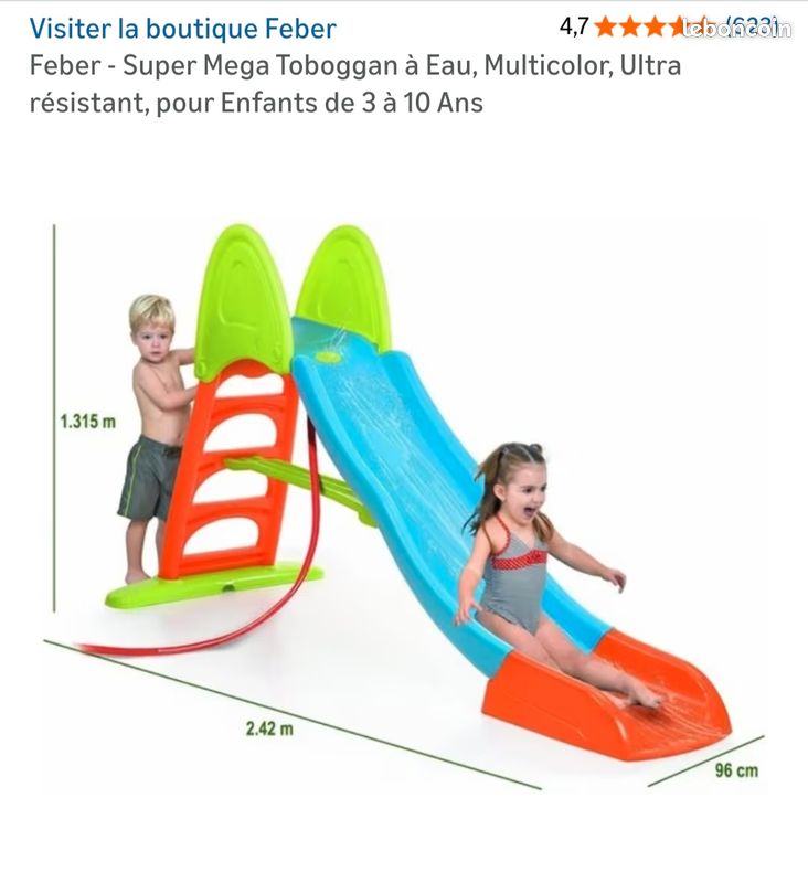 Feber Super Mega Toboggan à Eau – Multicolore – Ultra Résistant – Pour Enfants De 3 à 10 Ans