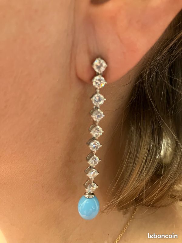 Boucles d'oreilles strass et perle turquoise de synthèse (image 1)