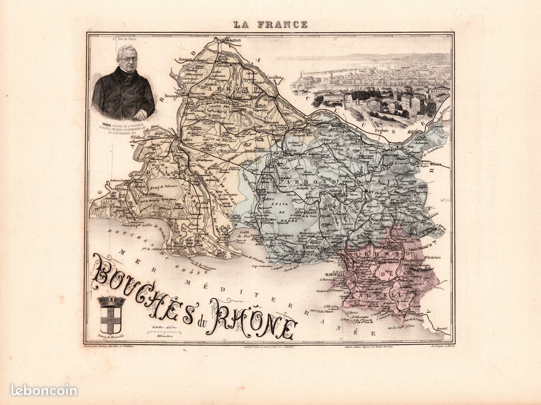 Carte Géographique Ancienne Des Bouches-du-Rhône – Gravure Originale De 1869 Par Levasseur