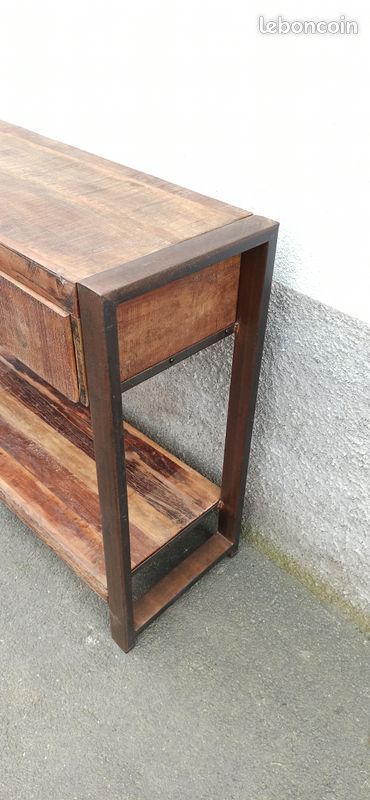 Console en bois ancien avec pieds métal 2 tiroirs (image 6)