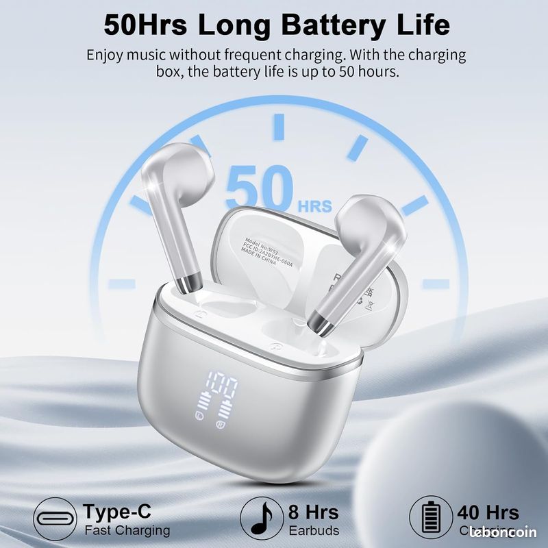 Écouteurs Bluetooth 5.1 sans Fil Stéréo Oreillette Bluetooth et Écran LCD IPX7 Contrôle Tactile,40H d'Autonomie USB-C Charge Rapide - TV Son Photo