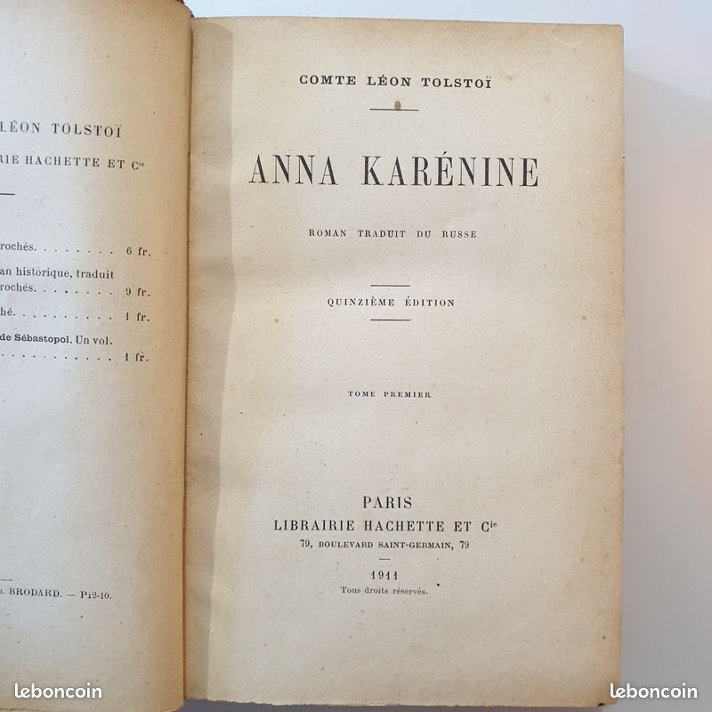 Anna Karénine Par le Comte Léon Tolstoï / 1911, 15ème édition/ Librairie HACHETTE et Cie (image 1)