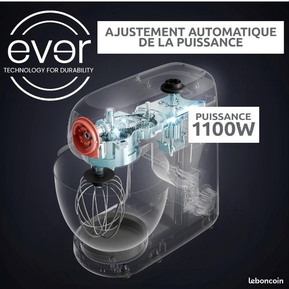 Robot moulinex neuf 1100WMoulinex Bake Partner, Robot pâtissier, Puissance 1100 W, Bol inox 4,6L, Batteur, Fouet, Pétrin, Blender, Découpe-légumes, Résultat homogène, Noir, QA522810 (image 6)