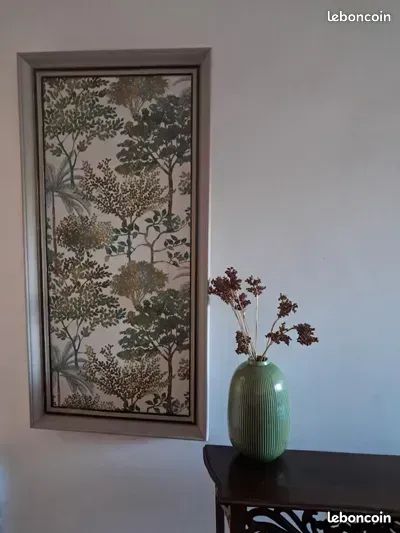 Cadre vintage en bois. Motifs arbres, palmiers... Bleu, vert, doré, marron... Ancien Encadrement en bois H 121 x L 60 cm coloris taupe et doré et noir (image 1)