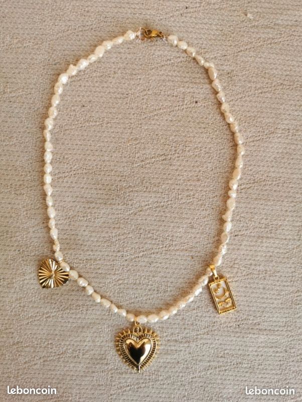 Collier perles de culture "grain de riz" neuf pampilles cœur carte tarot lune strass ex voto milagros acier doré creation (image 7)