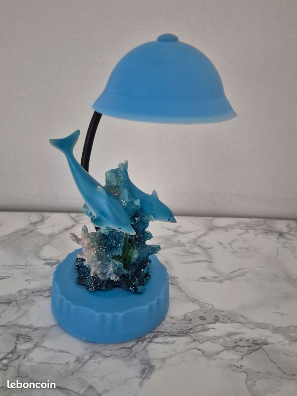 Lampe De Chevet Artisanale Dauphins Bleu - Abat-jour Coton, Pied Céramique, Max 60W E14