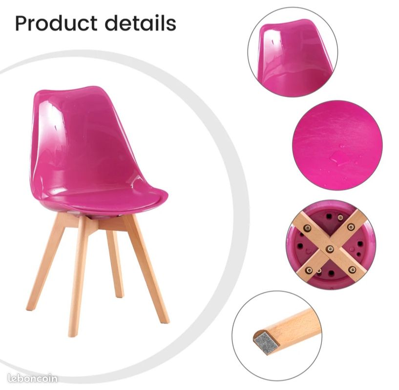 Lot de 4 chaises scandinaves avec coussinet en simili cuir, coloris rose ( neuf et emballé ) (image 4)