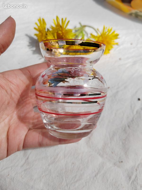 Mini vase en verre décor floral peint à la main - Années 50/60 - Vintage authentique (image 5)