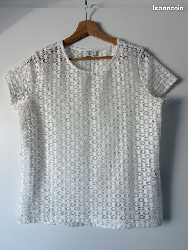 T-shirt Blanc Morgan En Dentelle - Épaules Ouvertes - Manches Trois-quarts - Taille S - Coton - Neuf Sans étiquette