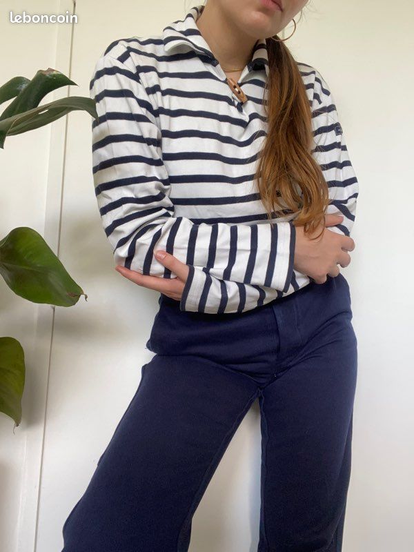 Tee shirt à manches longues sweat pull marinière bleu marine (image 3)