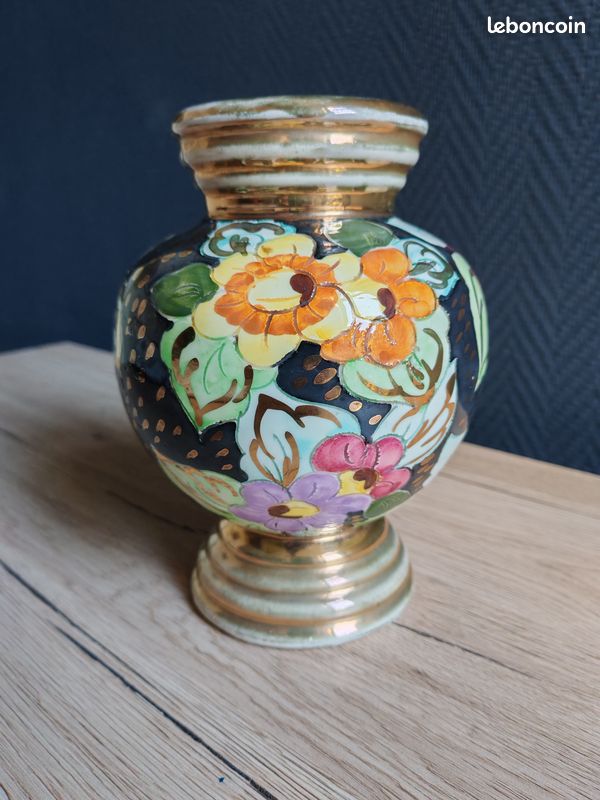 Vase Vintage Céramique Arte Veneziana, Décor Fleurs Peint Main et Dorure Or, Poterie Italienne Ancienne, Déco Shabby Chic Bohème (image 5)