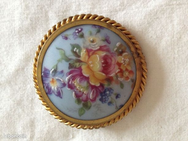 Ancienne Broche En Porcelaine De Limoges, Décor Fleuri - Vintage, Occasion, Bijou Ancien
