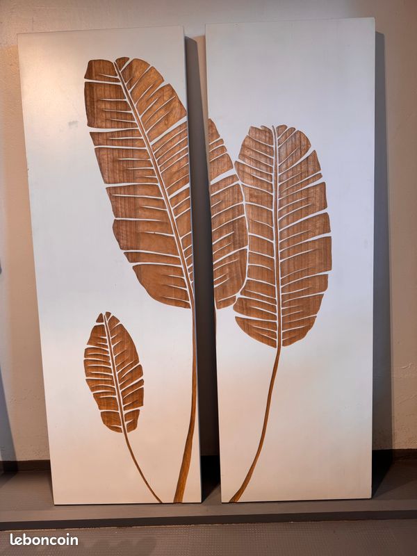 Tableau mural en bois, 2 panneaux – Feuilles de bananier (image 1)