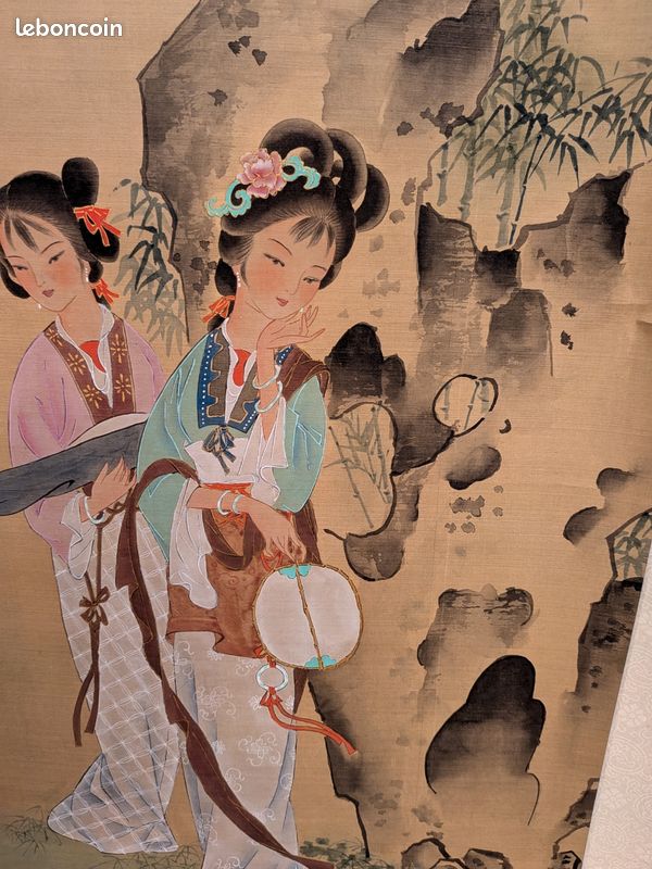 Grande Peinture Chinoise sur Soie 1974 – Signée & Boîte d'Origine (image 3)