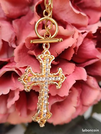 Pendentif Croix Ancien Vintage - Couleur Or - Chaîne Incluse - Bijou D'Occasion (Ref. 3257)