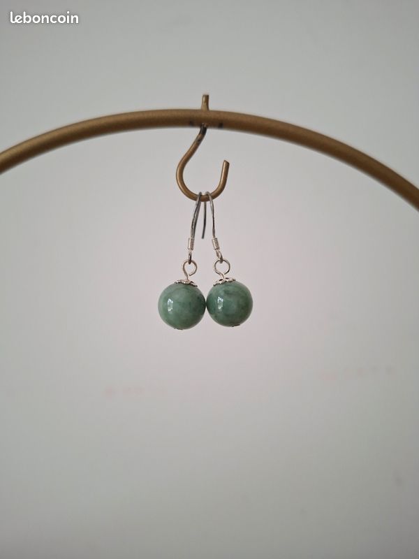 Boucles D'oreilles En Jade Sur Argent 925 - Puces, Occasion, Vert Naturel