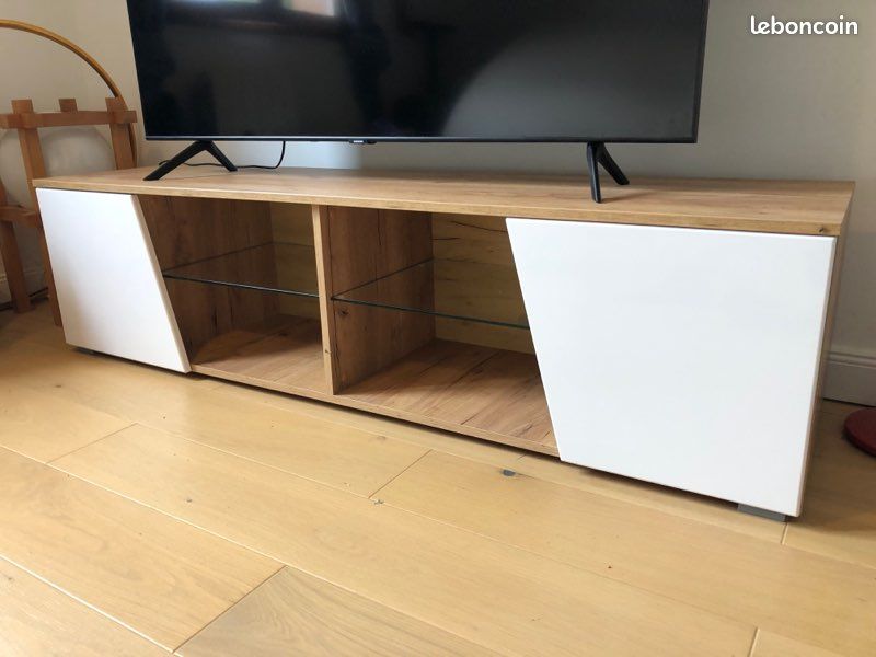 Meuble TV en bois - portes blanches et tablettes en verre - 162 cm (image 5)