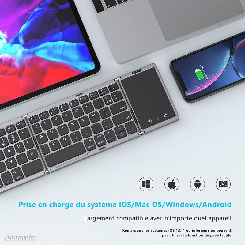 Clavier sans Fil avec pavé Tactile Sensible, Rechargeable, Portable et Pliable, Clavier Dual Bluetooth pour Ordinateur Portable/Tablette/iPad/Smart TV -Compatible Windows, iOS, Mac OS, Android - Gris (image 2)
