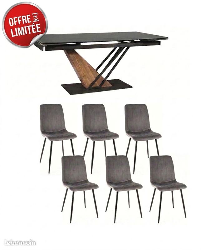 Pack Prestige : Table Céramique Extensible 160(220) x 90 cm GENESE + 6 Chaises ALAN pour 1 de plus (image 1)