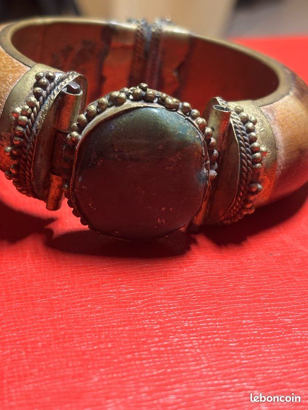 Bracelet Rigide Vintage En Bois Gravé Laiton - Bijou Ancien Unique - Très Bon état