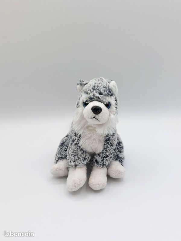 Peluche doudou husky loup gris chiné blanc DANI yeux bleus 18/22