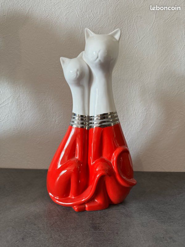 Grande Statue Chat Zen En Céramique Rouge - 34 Cm - Déco Intérieure - Neuf
