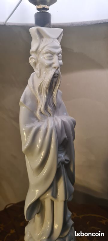 Lampe ceram porcelaine et abat jour velour gris 66x30 (image 1)