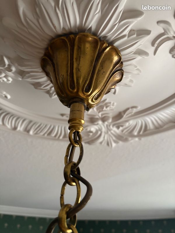 Lustre Art Nouveau 3 Lumières – Maison Lucien Gau / Vianne, Vert & Aluminium, 60cm