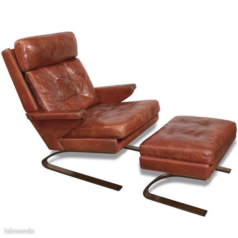Fauteuil et pouf design cuir marron et métal (image 2)