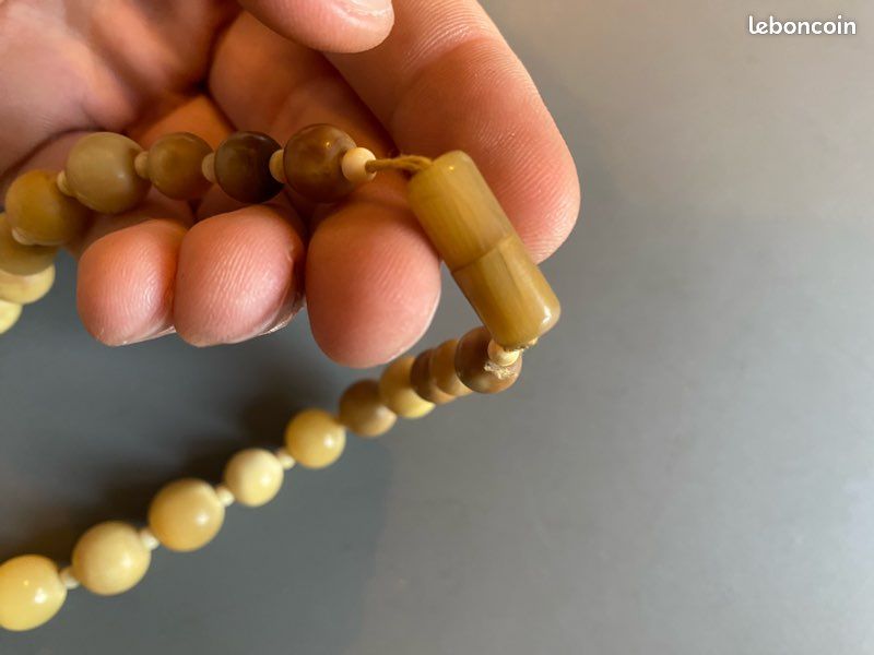 Petit collier ancien vintage perle ronde corne naturelle blonde beige ras de cou (image 3)