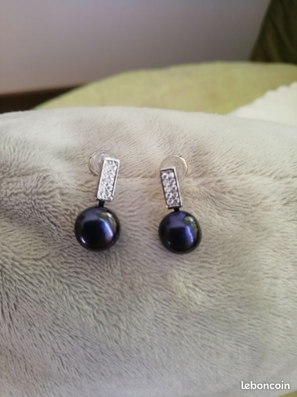 Boucles D'oreilles Perles Noires Argent 925 - Poinçon Elfe - Forme Cône - Neuves Sans Emballage
