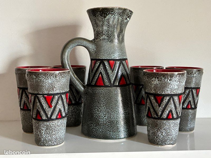 Service orangeade carafe / pichet avec 6 verres / gobelets en Vallauris (image 1)