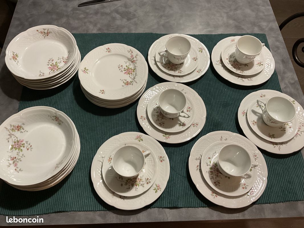 Service à Dessert Vintage Philippe Deshoulieres Limoges – Plat Et 12 Assiettes Motif Ruban