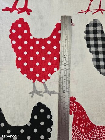 Lot De 2 Coupons Tissu Français - Motif Poules Et Pois Multicolores - Coton Neuf - Pour Couture